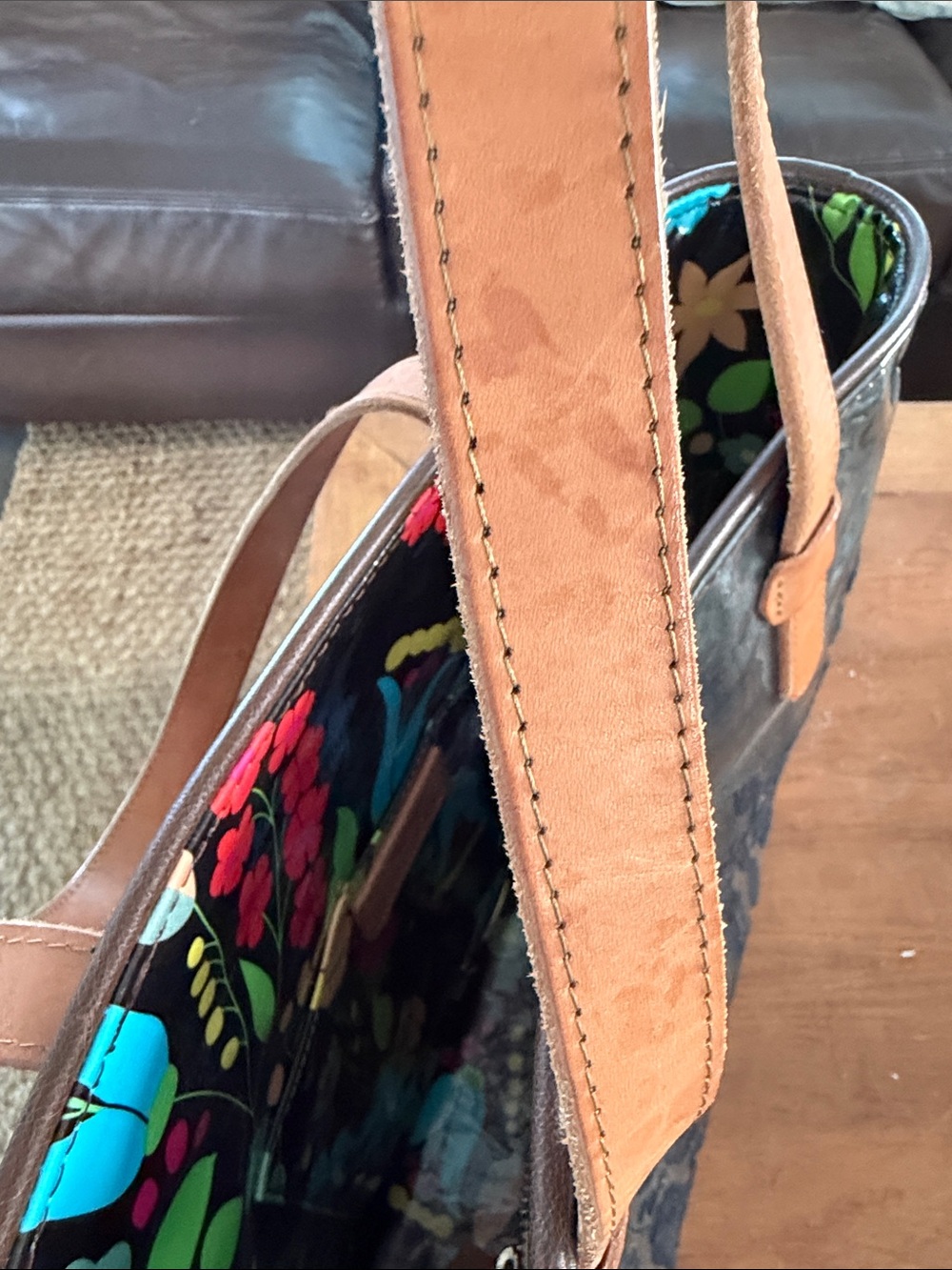 Consuela Black Floral Tote with Tan Leather Handles - Picture 7 of 10